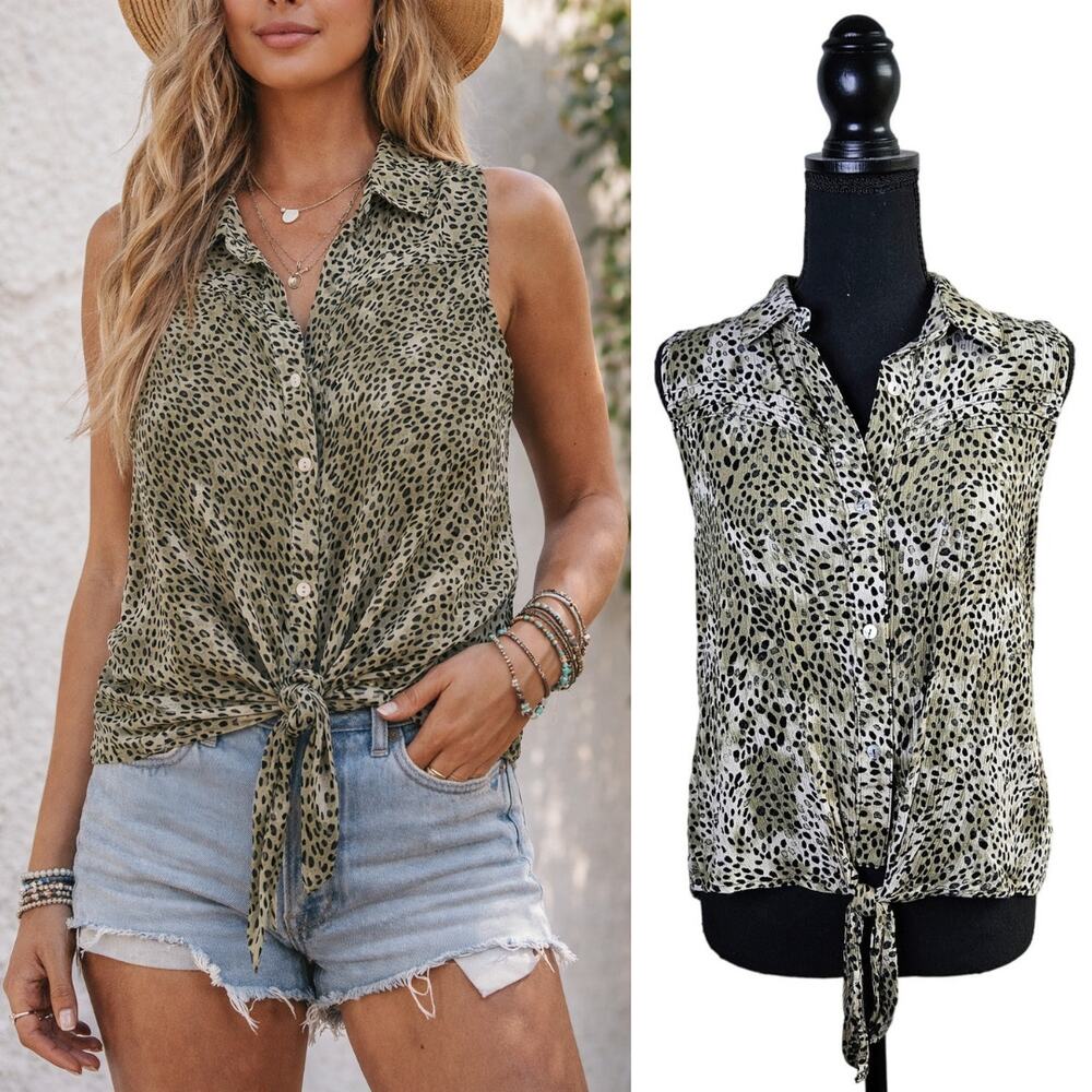 Peace & Pearls Sleeveless Blouse Medium Olive Leopard Tie Front Boho Festival